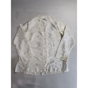 Bali Studio Collection Off White Floral Satin Jacquard Blouse Mandarin Collar S